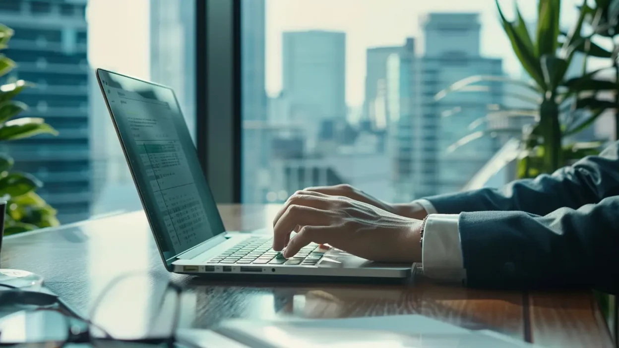 Japanese businessman logging into HFM FX trading platform on laptop computer in modern Tokyo office environment