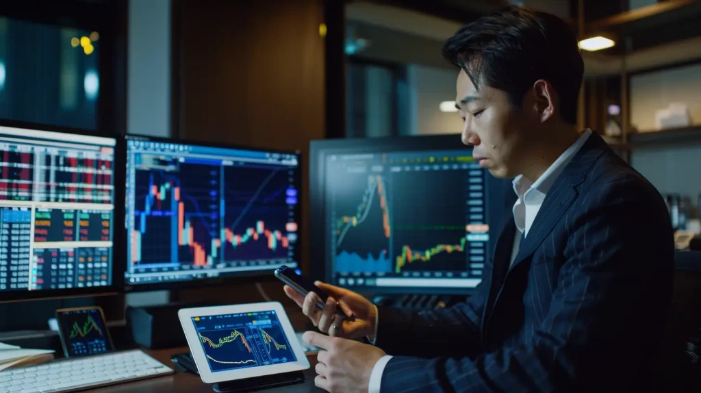 HFM trading platform displayed on multiple devices including smartphone, tablet and desktop computer used by Japanese trader