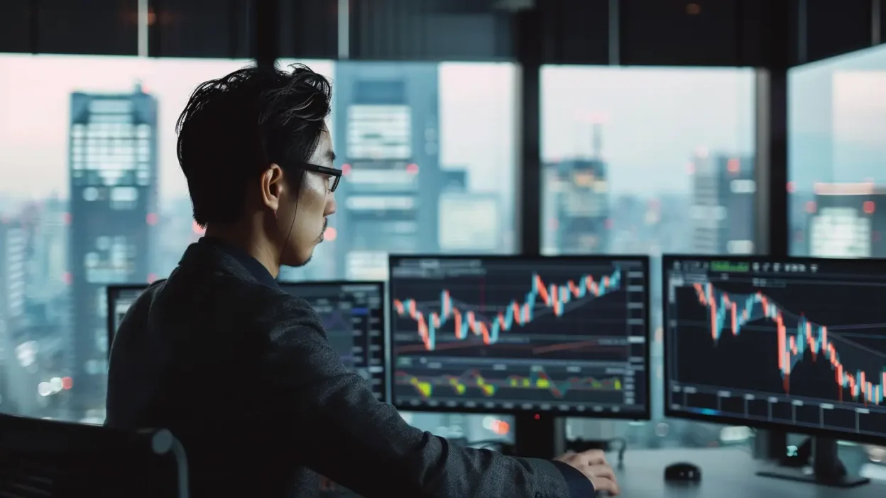 Young Japanese female trader using HFM platform on dual monitors in modern Tokyo trading office