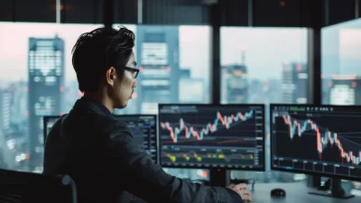Young Japanese female trader using HFM platform on dual monitors in modern Tokyo trading office